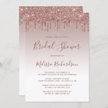 Elegant Rose Gold Ombre Glitter Drip Bridal Shower Invitations