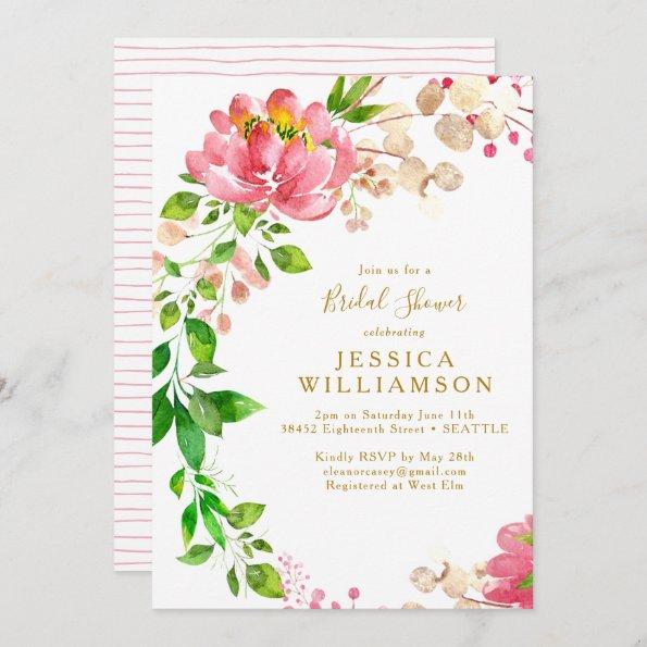 Elegant Rose Pink Watercolor Floral Bridal Shower Invitations