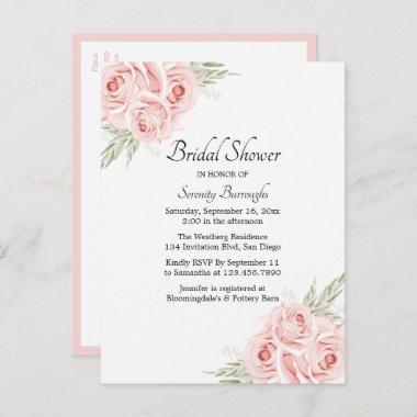 Elegant Rose Watercolor Pink Floral Bridal Shower Invitation PostInvitations