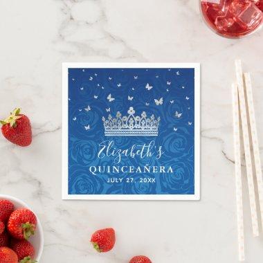 Elegant Royal Blue and Silver Crown Quinceanera Napkins