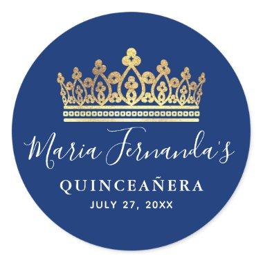 Elegant Royal Blue Gold Crown Quinceanera Classic Round Sticker