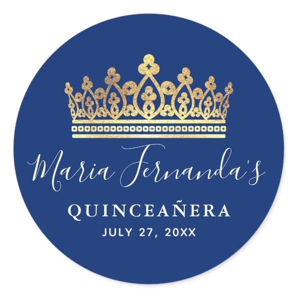Elegant Royal Blue Gold Crown Quinceanera Classic Round Sticker