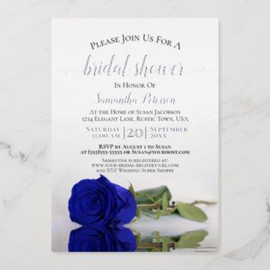 Elegant Royal Blue Rose & Silver Bridal Shower Foil Invitations