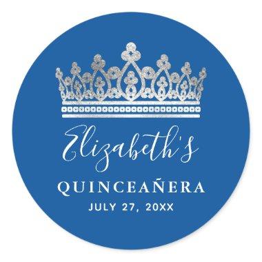 Elegant Royal Blue Silver Crown Quinceanera Classic Round Sticker
