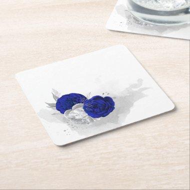 elegant royal blue & silver flowers square paper coaster