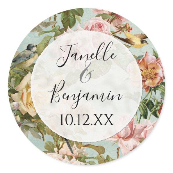 Elegant Rustic Pink Floral Country Vintage Wedding Classic Round Sticker