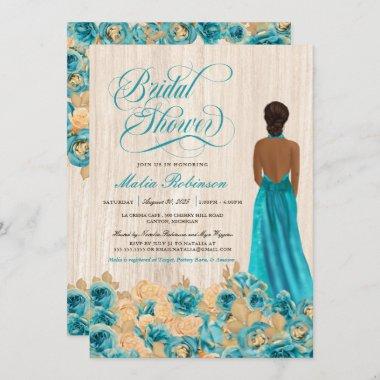 Elegant Rustic Teal Blue Rose & Gown Bridal Shower Invitations