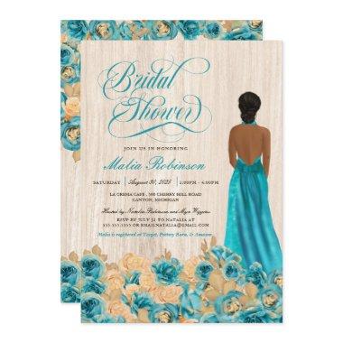 Elegant Rustic Teal Blue Rose & Gown Bridal Shower Invitations