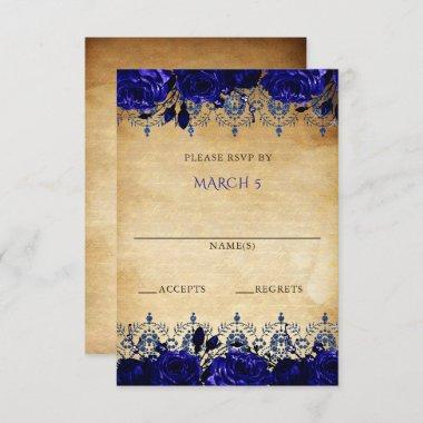 Elegant Rustic Vintage Royal Blue Floral RSVP Card