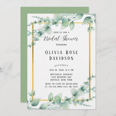 Elegant Sage Green Greenery Gold Bridal Shower Invitations