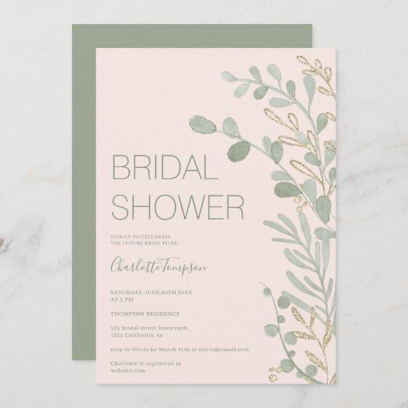 Elegant sage green leaf gold script bridal shower Invitations