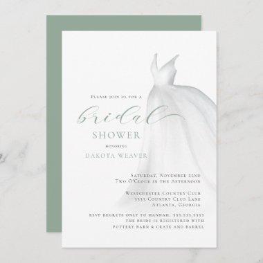 Elegant Sage Green Wedding Dress Bridal Shower Invitations
