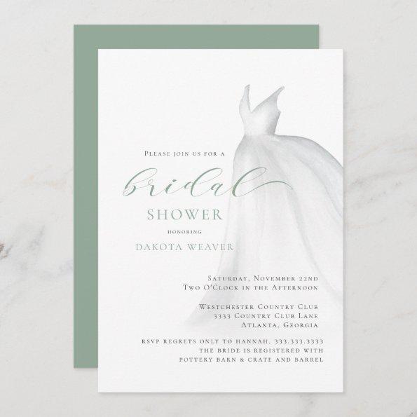 Elegant Sage Green Wedding Dress Bridal Shower Invitations