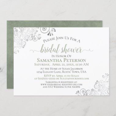 Elegant Sage & Silver Lace White Bridal Shower Invitations
