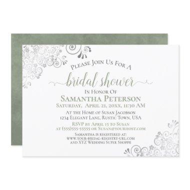 Elegant Sage & Silver Lace White Bridal Shower Invitations