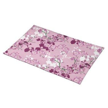 Elegant Sakura Pink Burgundy White Cherry Blossoms Cloth Placemat