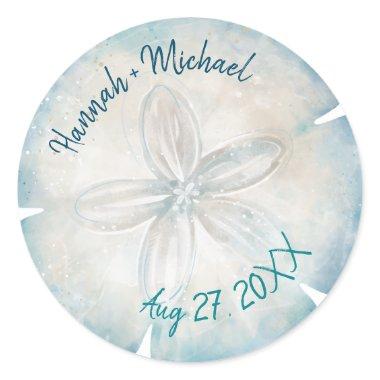 Elegant Sand Dollar Name Beach Wedding Classic Round Sticker