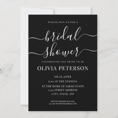 Elegant Script Black and White Bridal Shower Invitations