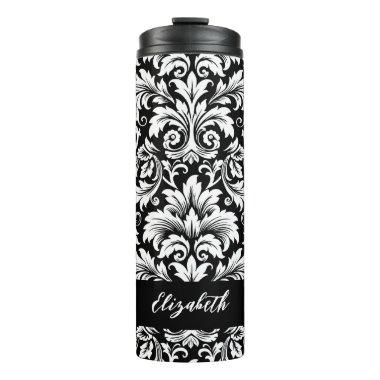 Elegant Script Black White Damask Pattern Thermal Tumbler