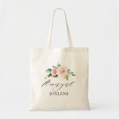 elegant script blush floral flowergirl tote bag