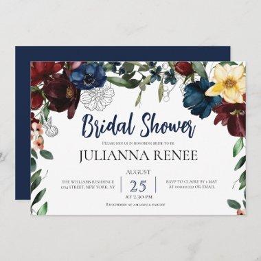 Elegant Script Blush Navy Floral Bridal shower Invitations