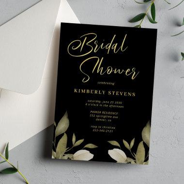 Elegant script botanical gold black bridal shower Invitations