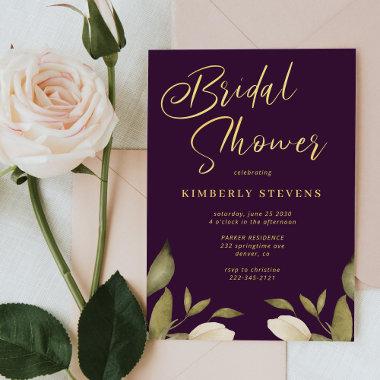 Elegant script botanical gold purple bridal shower Invitations