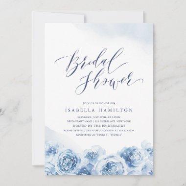 Elegant script dusty blue floral bridal shower Invitations