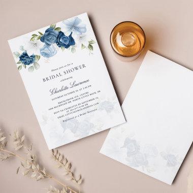 Elegant Script Dusty Blue Floral Bridal Shower Invitations