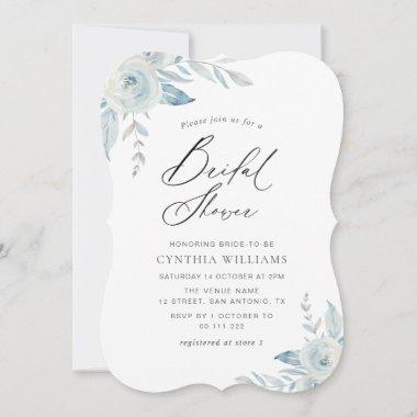 elegant script dusty blue floral bridal shower Invitations