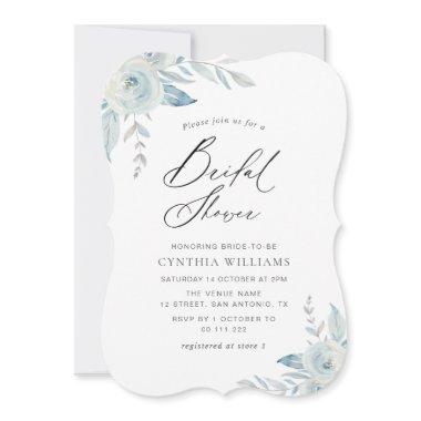 elegant script dusty blue floral bridal shower Invitations