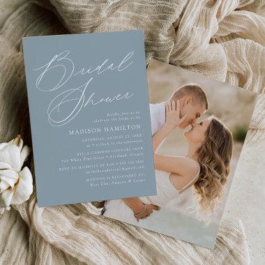 Elegant Script Dusty Blue Photo Bridal Shower Invitations