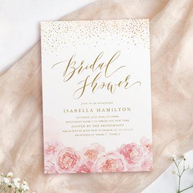 Elegant script gold & blush floral bridal shower Invitations