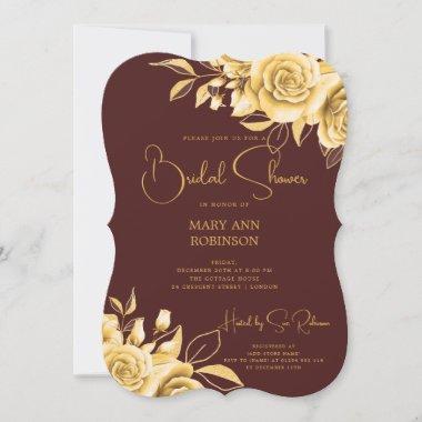 Elegant Script Gold Floral Bridal Shower Burgundy Invitations
