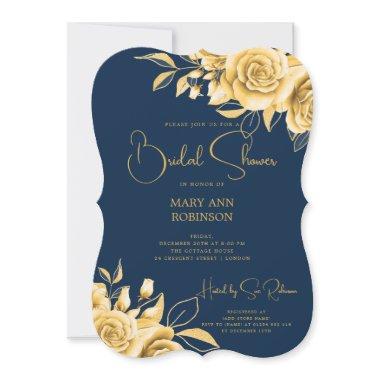 Elegant Script Gold Floral  Navy Blue