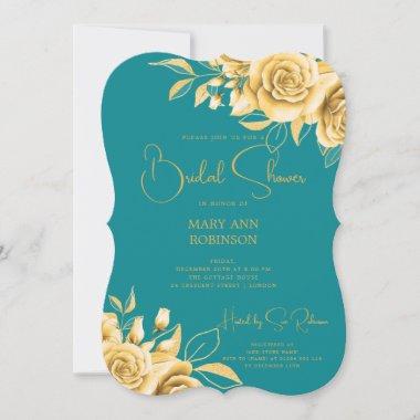 Elegant Script Gold Floral Bridal Shower Teal Invitations