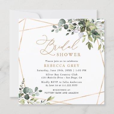 Elegant Script Greenery Gold Bridal Shower Invitations