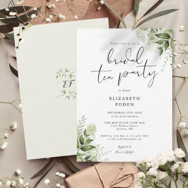 Elegant Script Greenery Monogram Bridal Tea Party Invitations