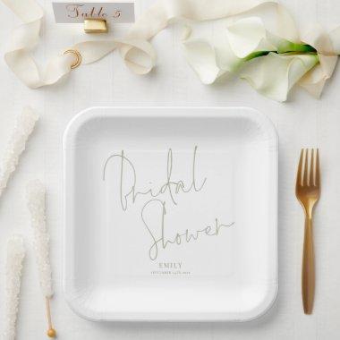 Elegant Script Light Sage Name Bridal Shower Paper Plates