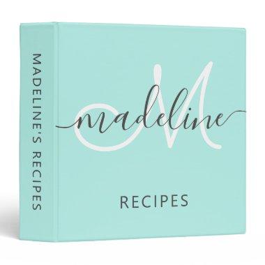 Elegant Script Monogram Name Mint Recipe 3 Ring Binder