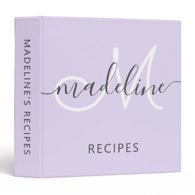 Elegant Script Monogram Name Purple Recipe 3 Ring Binder
