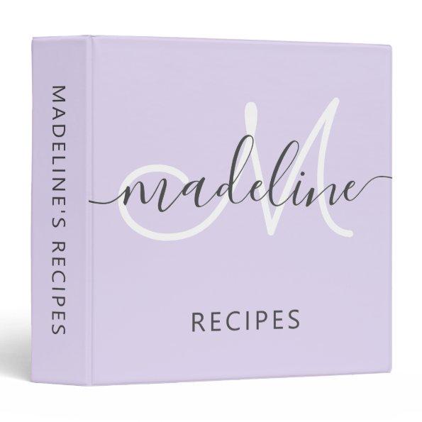 Elegant Script Monogram Name Purple Recipe 3 Ring Binder
