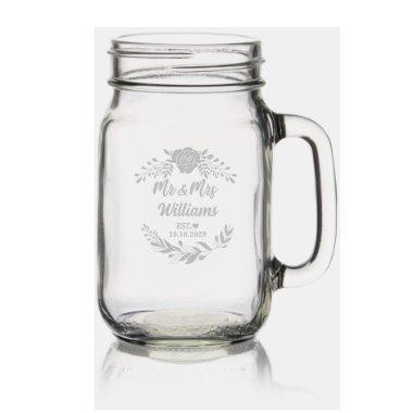 Elegant Script Mr & Mrs Last Name | Wreath Wedding Mason Jar W/ Handle