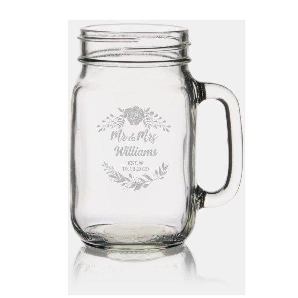 Elegant Script Mr & Mrs Last Name | Wreath Wedding Mason Jar W/ Handle