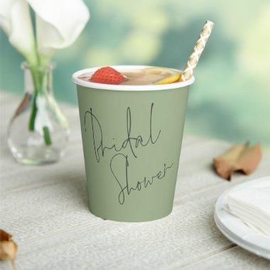 Elegant Script Name Date Bridal Shower Sage Green Paper Cups