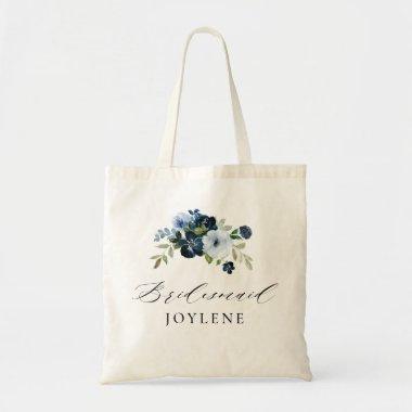 elegant script navy blue floral bridesmaid tote bag