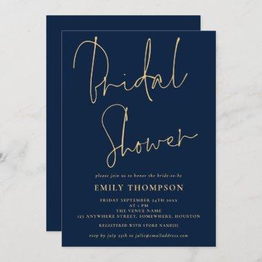 Elegant Script Navy Blue Gold Bridal Shower Invitations