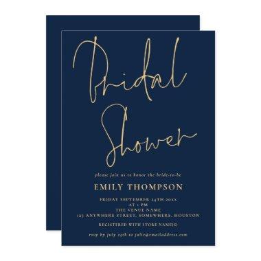 Elegant Script Navy Blue Gold Bridal Shower Invitations