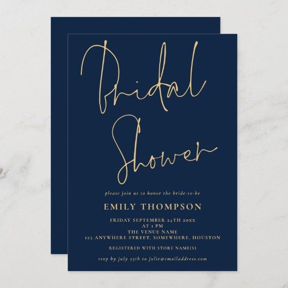 Elegant Script Navy Blue Gold Bridal Shower Invitations