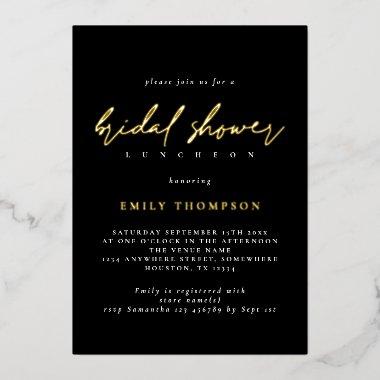 Elegant Script Real Gold Foil Black Bridal Shower Foil Invitations